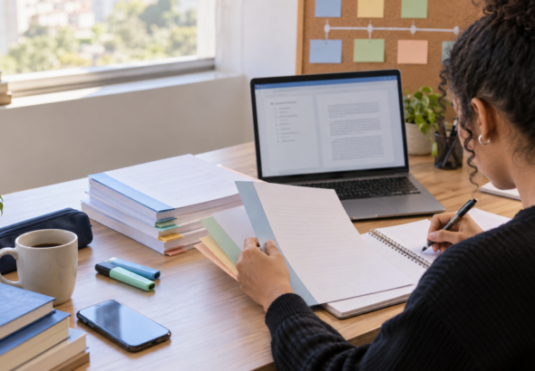 Estudante organizando a estrutura de um TCC com capítulos, anotações e notebook