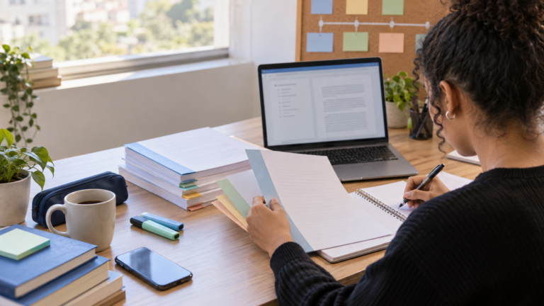 Estudante organizando a estrutura de um TCC com capítulos, anotações e notebook