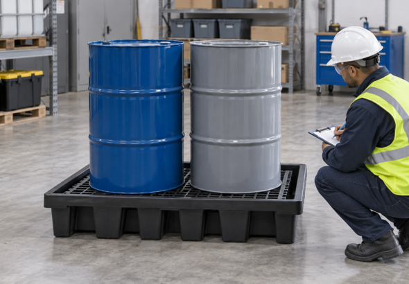 Pallet de contenção para tambores em área de armazenamento industrial