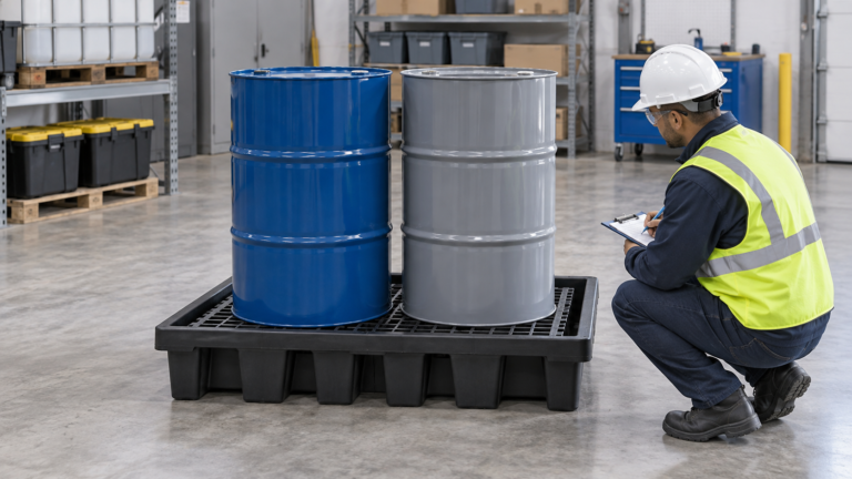 Pallet de contenção para tambores em área de armazenamento industrial