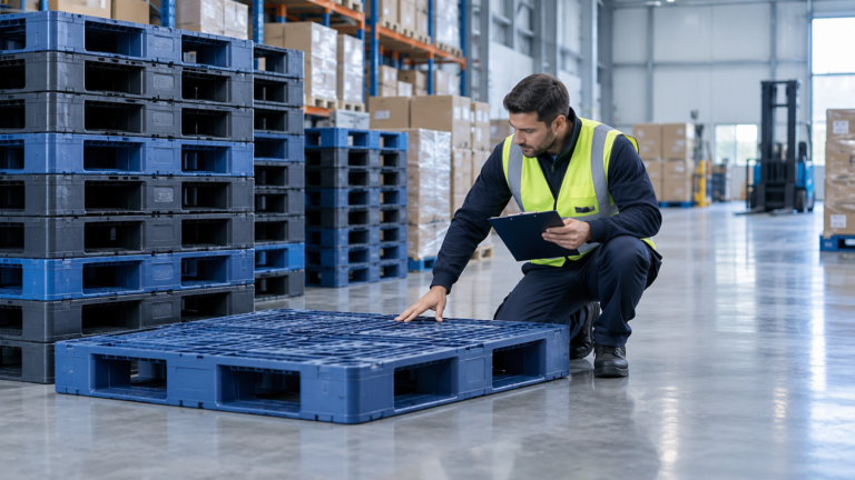 Pallets de plástico organizados em um armazém logístico