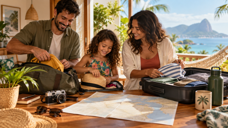 Família organizando malas para uma viagem