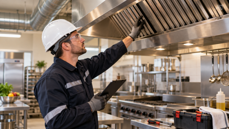 Técnico inspecionando exaustor de cozinha industrial