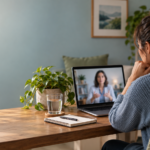 Pessoa em consulta de telepsiquiatria por vídeo em ambiente privado