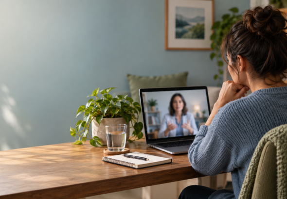 Pessoa em consulta de telepsiquiatria por vídeo em ambiente privado