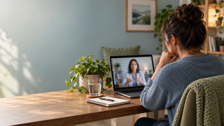 Pessoa em consulta de telepsiquiatria por vídeo em ambiente privado
