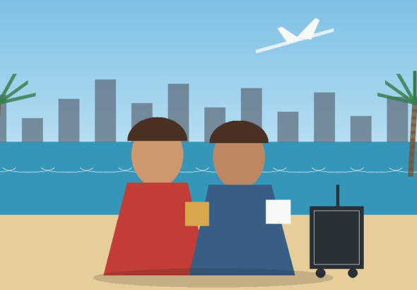 Agência de viagens em Salvador com casal planejando viagem e malas
