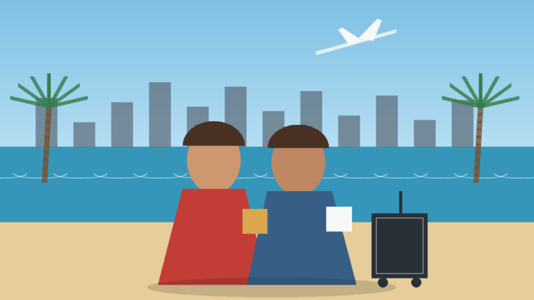 Agência de viagens em Salvador com casal planejando viagem e malas
