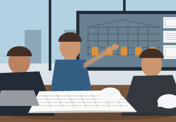 Projeto de engenharia industrial com equipe analisando modelo BIM